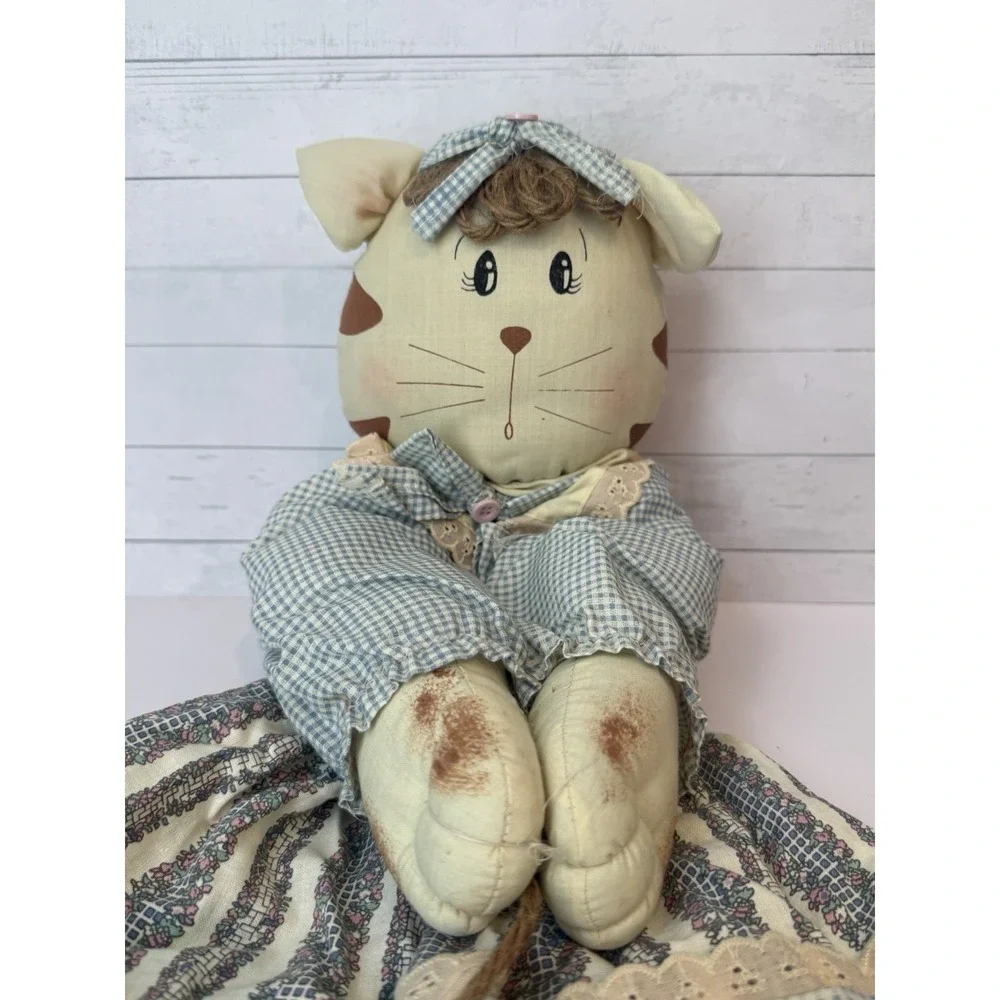 Handmade Country Cat Broom Cover / Broom Hider Cloth Doll – Blue Gingham – 19